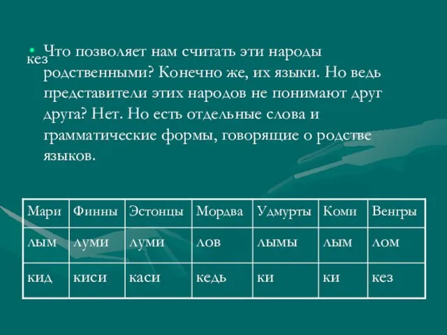 кез Что позволяет нам считать эти народы родственными? Конечно же, их языки.