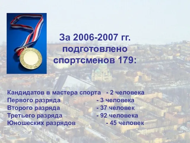 За 2006-2007 гг. подготовлено спортсменов 179: Кандидатов в мастера спорта - 2