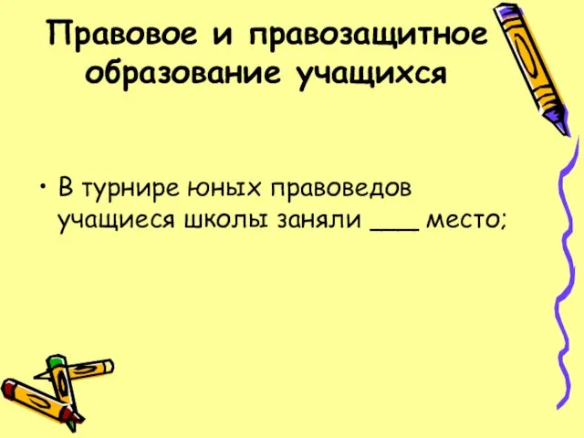 Правовое и правозащитное образование учащихся В турнире юных правоведов учащиеся школы заняли ___ место;