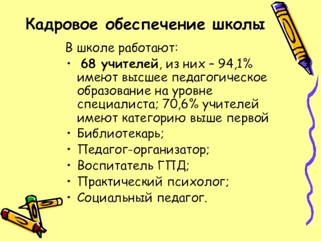 Кадровое обеспечение школы В школе работают: 68 учителей, из них – 94,1%