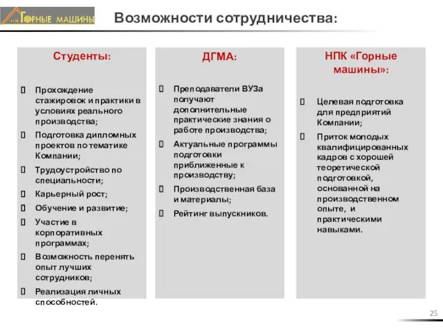 Возможности сотрудничества: Студенты: Прохождение стажировок и практики в условиях реального производства; Подготовка