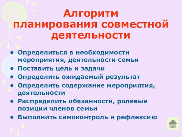 Алгоритм планирования совместной деятельности Определиться в необходимости мероприятия, деятельности семьи Поставить цель