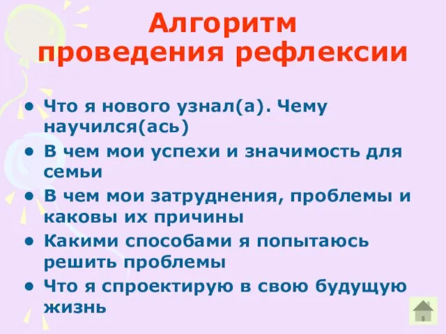 Алгоритм проведения рефлексии Что я нового узнал(а). Чему научился(ась) В чем мои