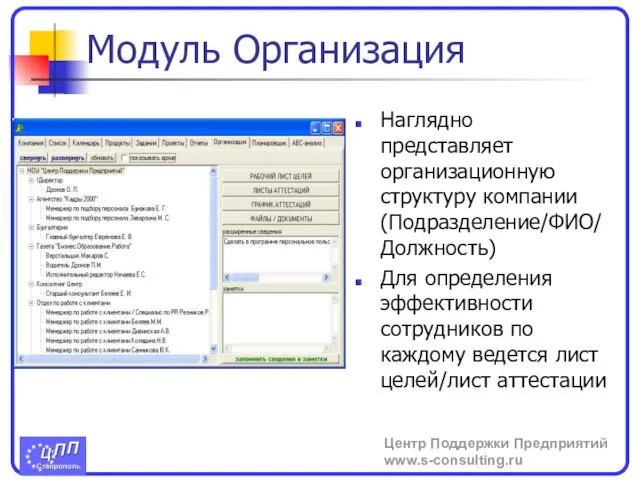 Модуль Организация Наглядно представляет организационную структуру компании (Подразделение/ФИО/ Должность) Для определения эффективности