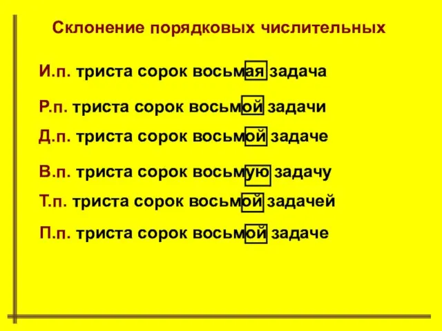 Склонение порядковых числительных И.п. триста сорок восьмая задача Р.п. триста сорок восьмой