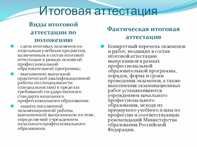 Итоговая аттестация Виды итоговой аттестации по положению Фактическая итоговая аттестация - сдача