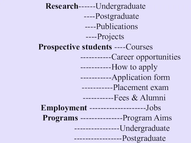 Research------Undergraduate ----Postgraduate ----Publications ----Projects Prospective students ----Courses -----------Career opportunities -----------How to apply