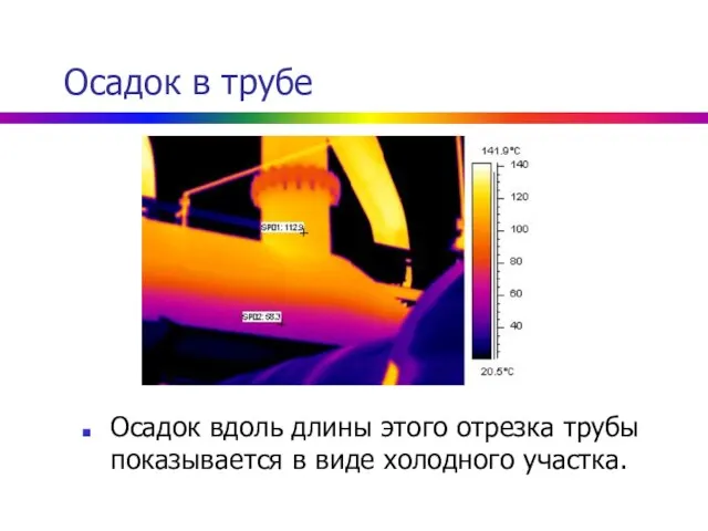 Осадок в трубе Осадок вдоль длины этого отрезка трубы показывается в виде холодного участка.