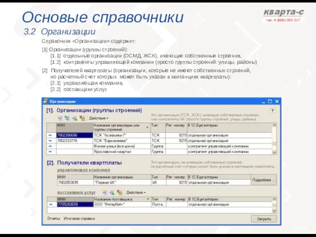 Основые справочники 3.2 Организации Справочник «Организации» содержит: [1] Организации (группы строений): [1.1]