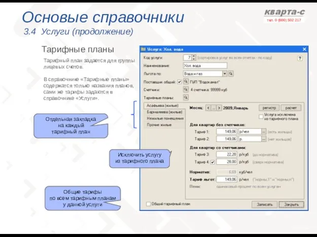 Основые справочники 3.4 Услуги (продолжение) Тарифные планы Отдельная закладка на каждый тарифный