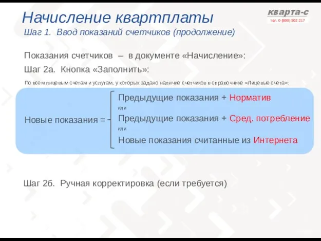 Начисление квартплаты Шаг 1. Ввод показаний счетчиков (продолжение) Шаг 2а. Кнопка «Заполнить»: