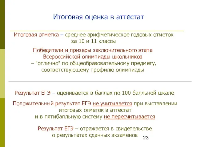 Итоговая оценка в аттестат Итоговая отметка – среднее арифметическое годовых отметок за