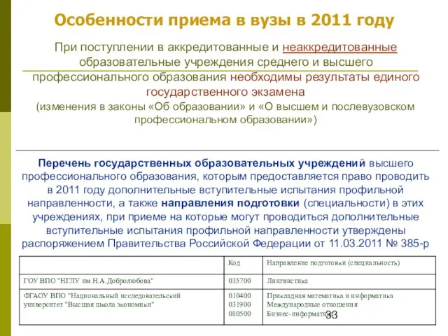 Особенности приема в вузы в 2011 году При поступлении в аккредитованные и