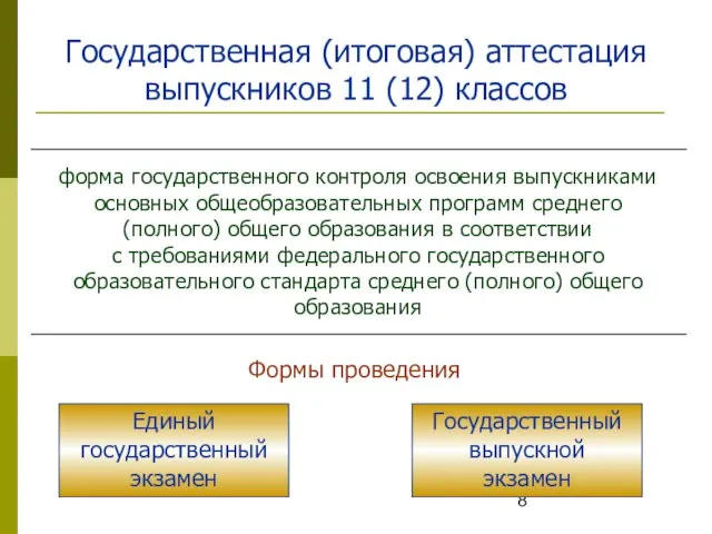 Государственная (итоговая) аттестация выпускников 11 (12) классов Единый государственный экзамен Государственный выпускной