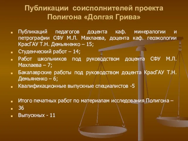 Публикации соисполнителей проекта Полигона «Долгая Грива» Публикаций педагогов доцента каф. минералогии и