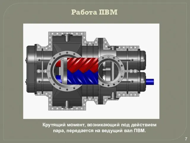 Работа ПВМ Крутящий момент, возникающий под действием пара, передается на ведущий вал ПВМ.