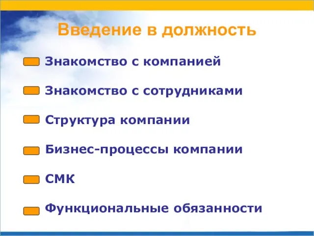 Введение в должность Знакомство с компанией Знакомство с сотрудниками Структура компании Бизнес-процессы компании СМК Функциональные обязанности