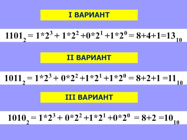 I ВАРИАНТ 11012 = 1*23 + 1*22 +0*21 +1*20 = 8+4+1=1310 II