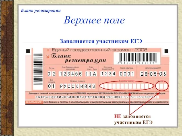 Верхнее поле Заполняется участником ЕГЭ НЕ заполняется участником ЕГЭ Бланк регистрации