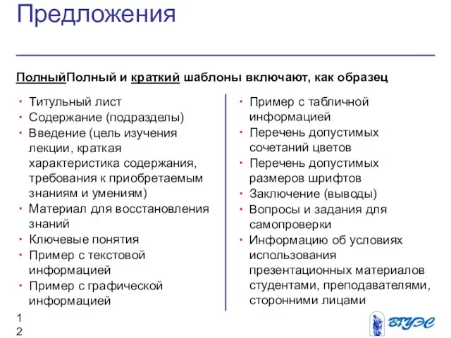 Предложения ПолныйПолный и краткий шаблоны включают, как образец Пример с табличной информацией