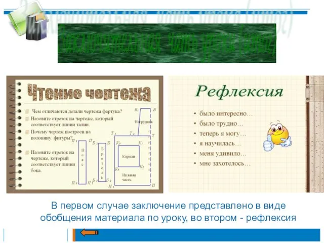 Заключительная чать урока (итог) В первом случае заключение представлено в виде обобщения