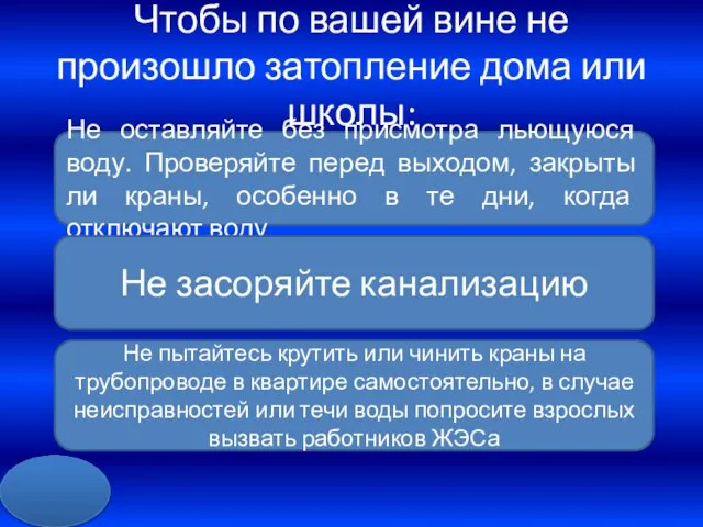 Чтобы по вашей вине не произошло затопление дома или школы: Не оставляйте