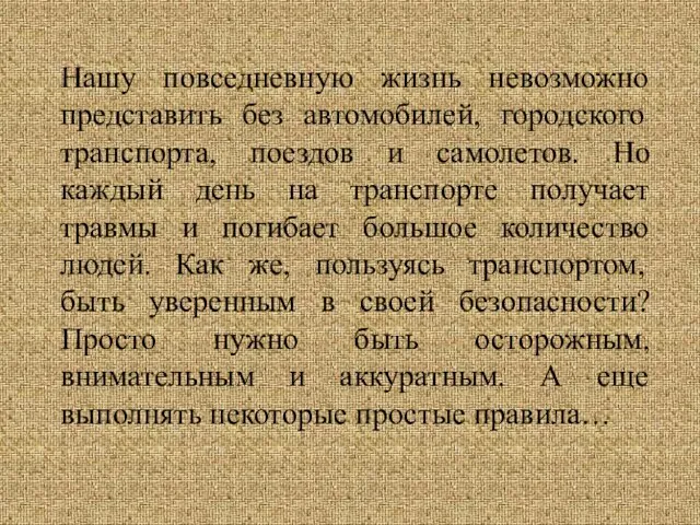 Нашу повседневную жизнь невозможно представить без автомобилей, городского транспорта, поездов и самолетов.