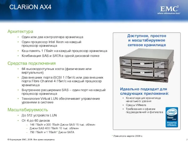 CLARiiON AX4 * Появится в марте 2008 г. Доступное, простое и масштабируемое