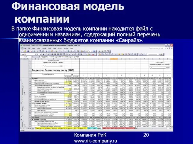 Компания РиК www.rik-company.ru Финансовая модель компании В папке Финансовая модель компании находится