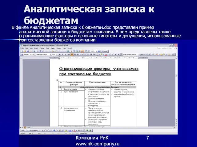 Компания РиК www.rik-company.ru Аналитическая записка к бюджетам В файле Аналитическая записка к