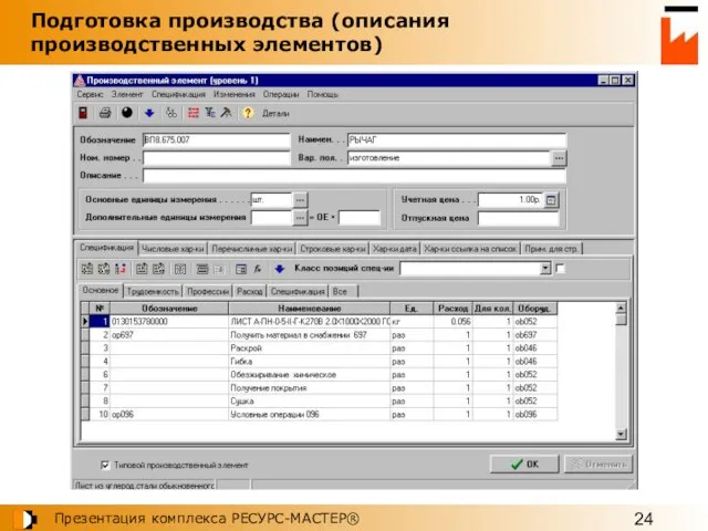 Подготовка производства (описания производственных элементов)