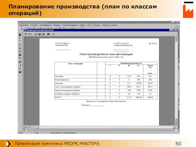 Планирование производства (план по классам операций)