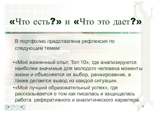 «Что есть?» и «Что это дает?» В портфолио представлена рефлексия по следующим