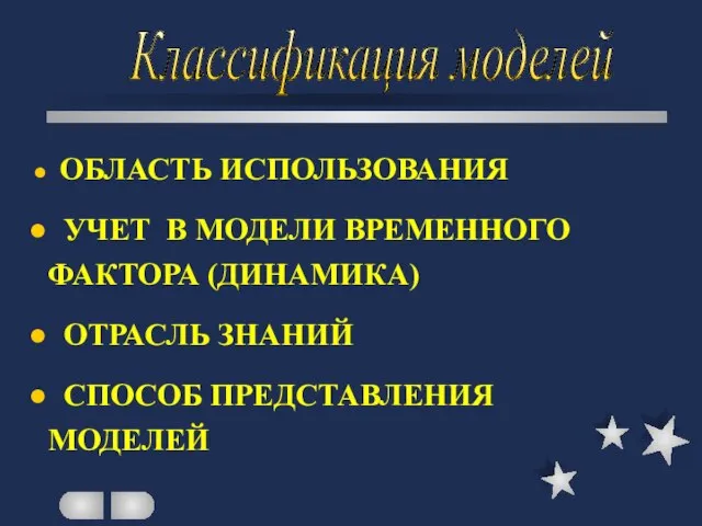 Классификация моделей ОБЛАСТЬ ИСПОЛЬЗОВАНИЯ УЧЕТ В МОДЕЛИ ВРЕМЕННОГО ФАКТОРА (ДИНАМИКА) ОТРАСЛЬ ЗНАНИЙ СПОСОБ ПРЕДСТАВЛЕНИЯ МОДЕЛЕЙ