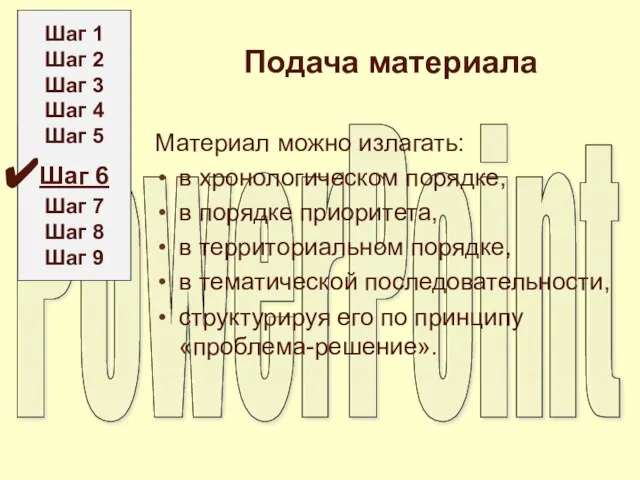 Подача материала Материал можно излагать: в хронологическом порядке, в порядке приоритета, в