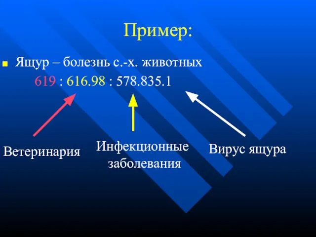 Ящур – болезнь с.-х. животных 619 : 616.98 : 578.835.1 Пример: Инфекционные заболевания Ветеринария Вирус ящура