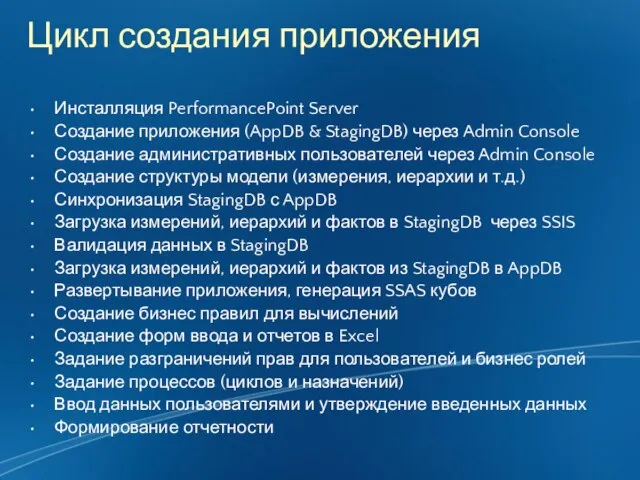 Цикл создания приложения Инсталляция PerformancePoint Server Создание приложения (AppDB & StagingDB) через