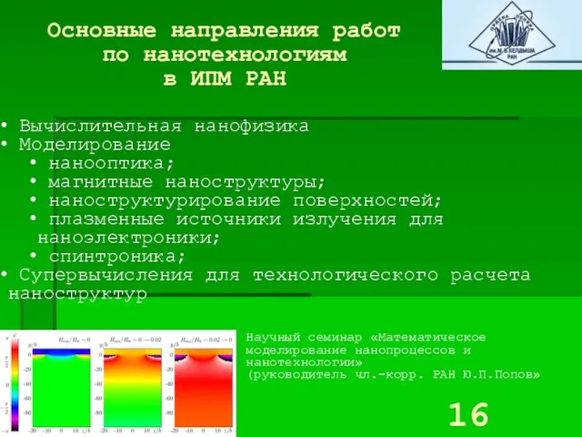 Основные направления работ по нанотехнологиям в ИПМ РАН Вычислительная нанофизика Моделирование нанооптика;