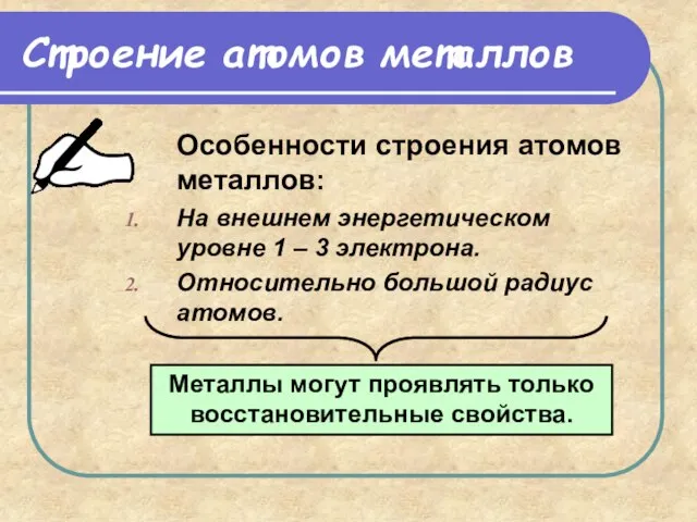 Строение атомов металлов Особенности строения атомов металлов: На внешнем энергетическом уровне 1