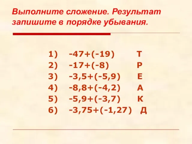 1) -47+(-19) Т 2) -17+(-8) Р 3) -3,5+(-5,9) Е 4) -8,8+(-4,2) А