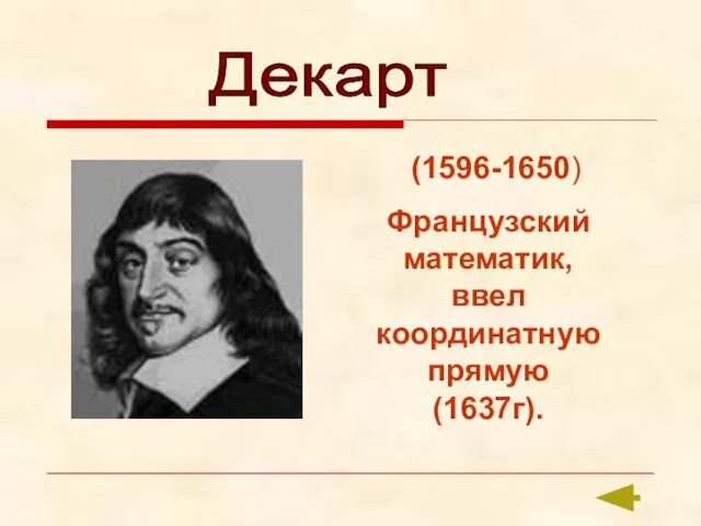 Декарт (1596-1650) Французский математик, ввел координатную прямую (1637г).