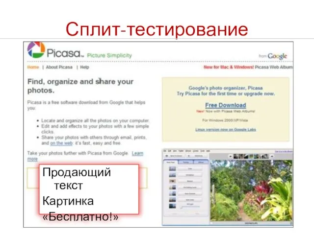 Сплит-тестирование Продающий текст Картинка «Бесплатно!»