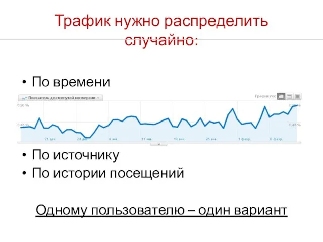 Трафик нужно распределить случайно: По времени По источнику По истории посещений Одному пользователю – один вариант