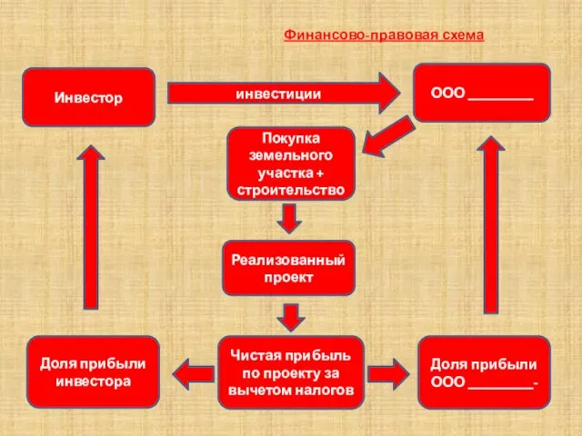 Финансово-правовая схема Инвестор Доля прибыли ООО _________- Доля прибыли инвестора Чистая прибыль