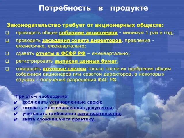 Потребность в продукте При этом необходимо: соблюдать установленные сроки; готовить многочисленные документы;