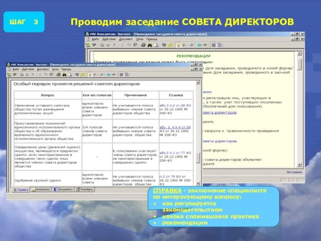 Проводим заседание СОВЕТА ДИРЕКТОРОВ ШАГ 3 СПРАВКА - заключение специалиста по интересующему