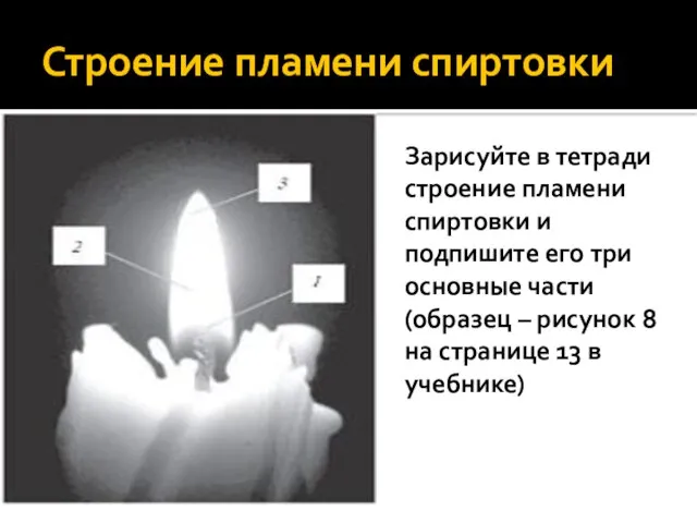 Строение пламени спиртовки Зарисуйте в тетради строение пламени спиртовки и подпишите его