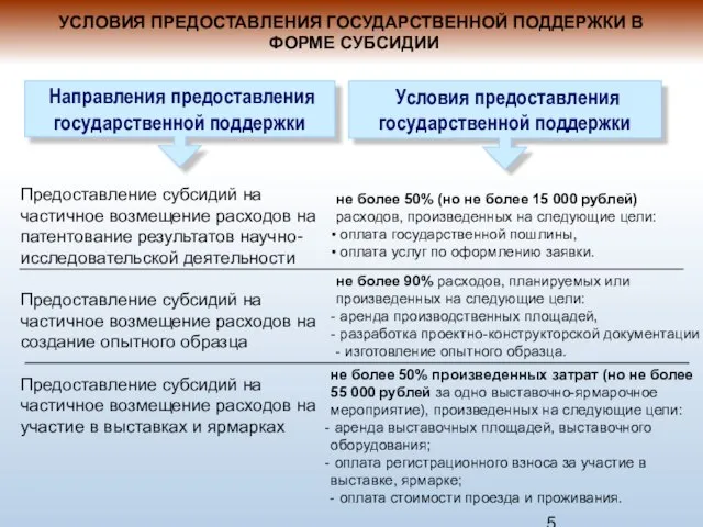 Направления предоставления государственной поддержки Условия предоставления государственной поддержки Предоставление субсидий на частичное