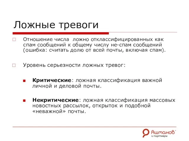 Ложные тревоги Отношение числа ложно отклассифицированных как спам сообщений к общему числу