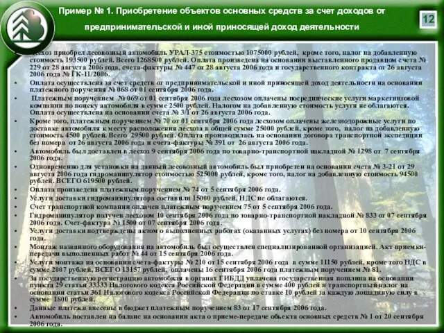 Пример № 1. Приобретение объектов основных средств за счет доходов от предпринимательской